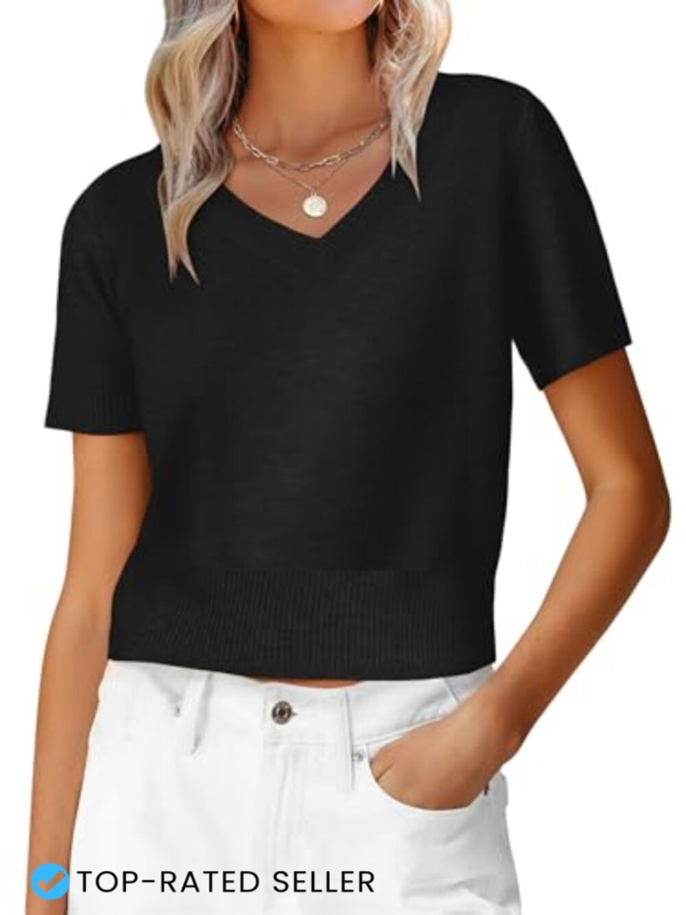 Women's Short Sleeve V Neck Cropped Sweater Ribbed Knit Pullover